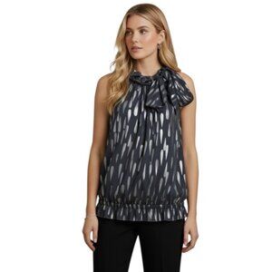 ST JOHN SoCa Silk Silver Metallic Ruffle Tie Bow Top Blouse Party Print TunicXL